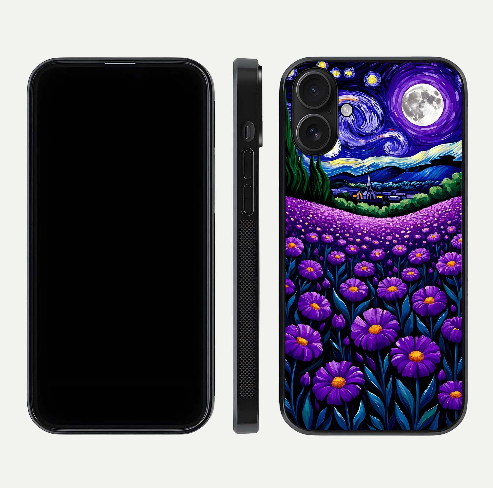 Lavender Moon Field Glass Case for iPhone 16 front and back view layout with soft gradient and curved edges