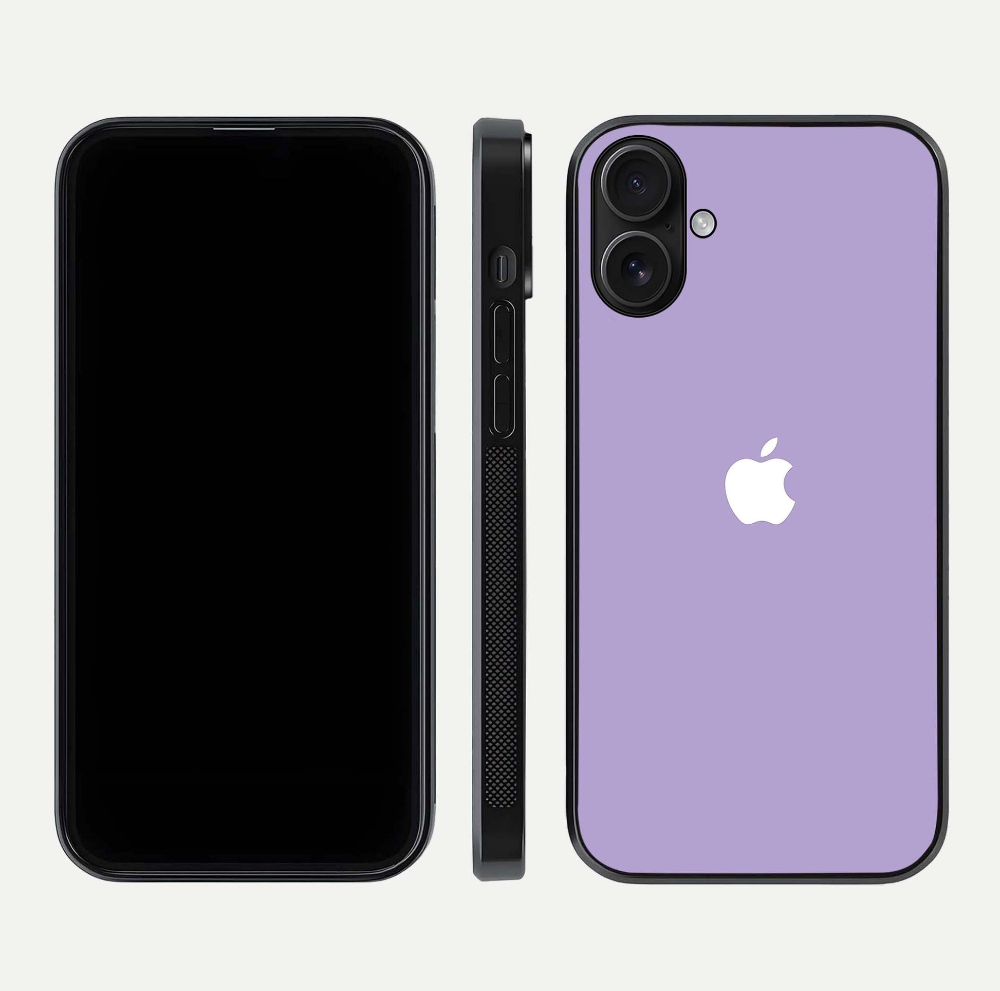 Lavender Soft Minimal Glass Case for iPhone 16 front and back view layout highlighting soft hue and curved edges