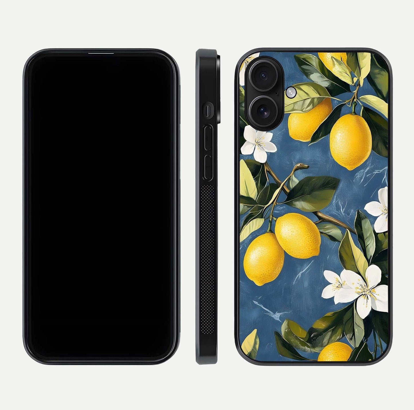Lemon Dream Garden Glass Case for iPhone 16 front and back view layout highlighting garden tones and edges