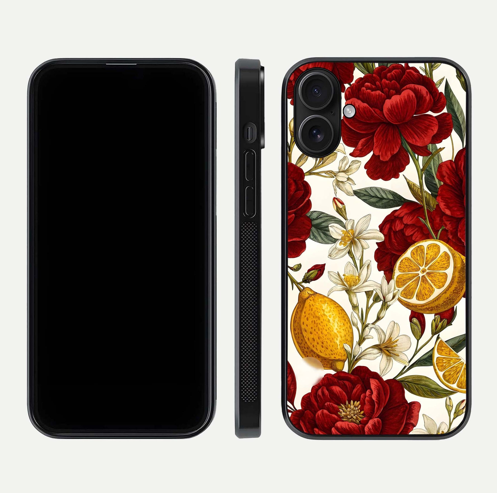 Lemon Rose Charm Glass Case for iPhone 16 front & back layout highlighting soft yellow tones and curved edges