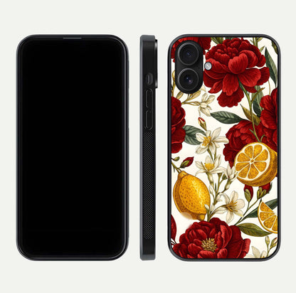 Lemon Rose Charm Glass Case for iPhone 16 front & back layout highlighting soft yellow tones and curved edges