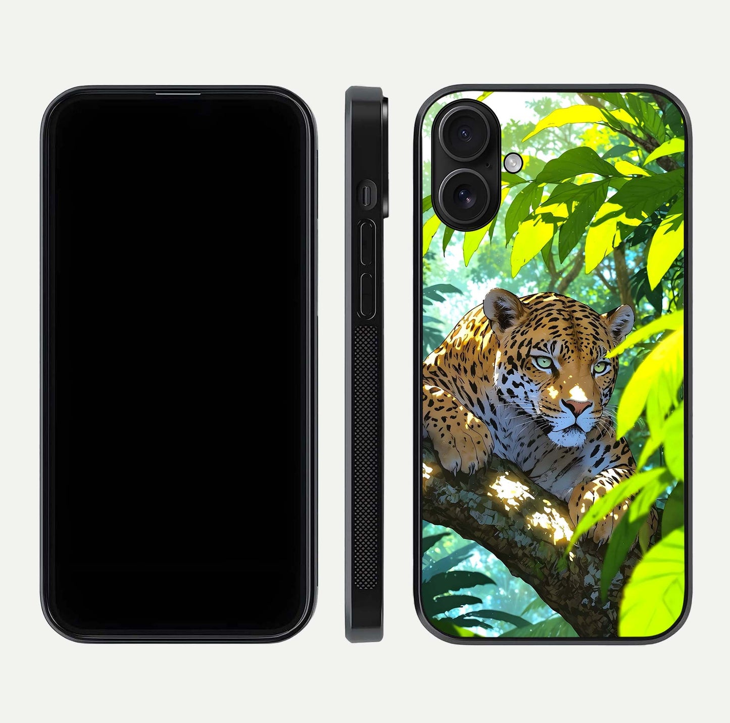 Leopard in Jungle Glass Case for iPhone 16 front & back layout with premium edge detailing and vivid jungle art