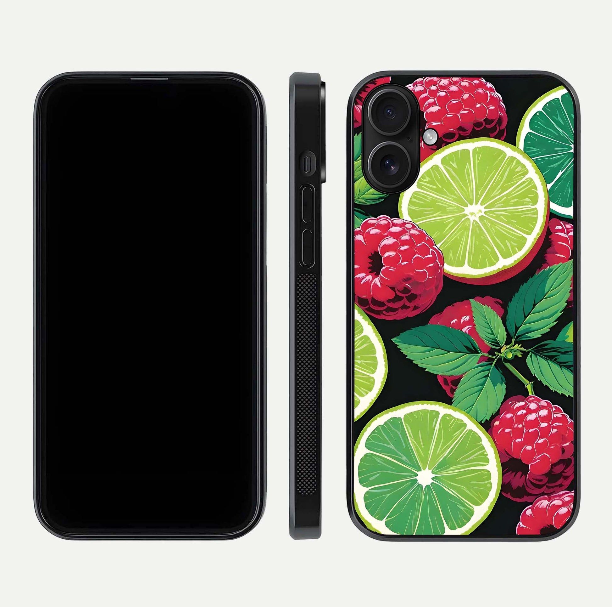 Lime and Raspberry Pattern Glass Case for iPhone 16 front & back layout highlighting fresh summer tones