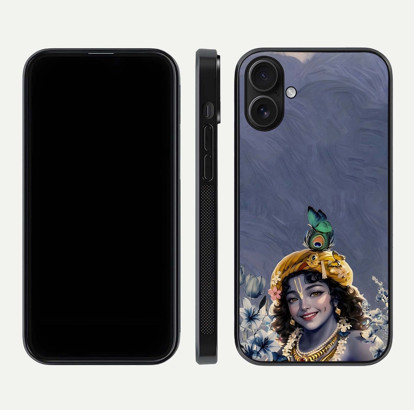 Lord Krishna Glass Case for iPhone 16 front & back layout displaying soft tones and elegant edges