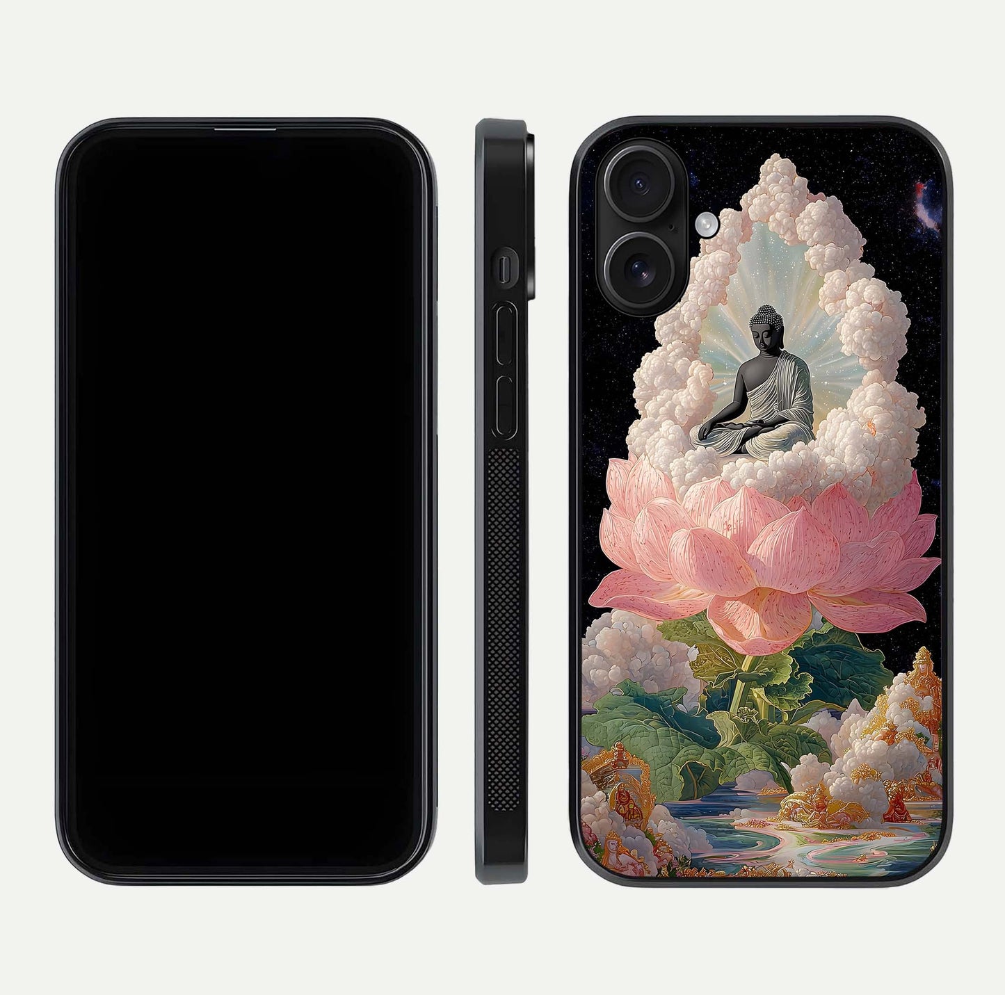 Lotus Divine Peace Glass Case for iPhone 16 front & back layout highlighting soft pink hues and curved edges