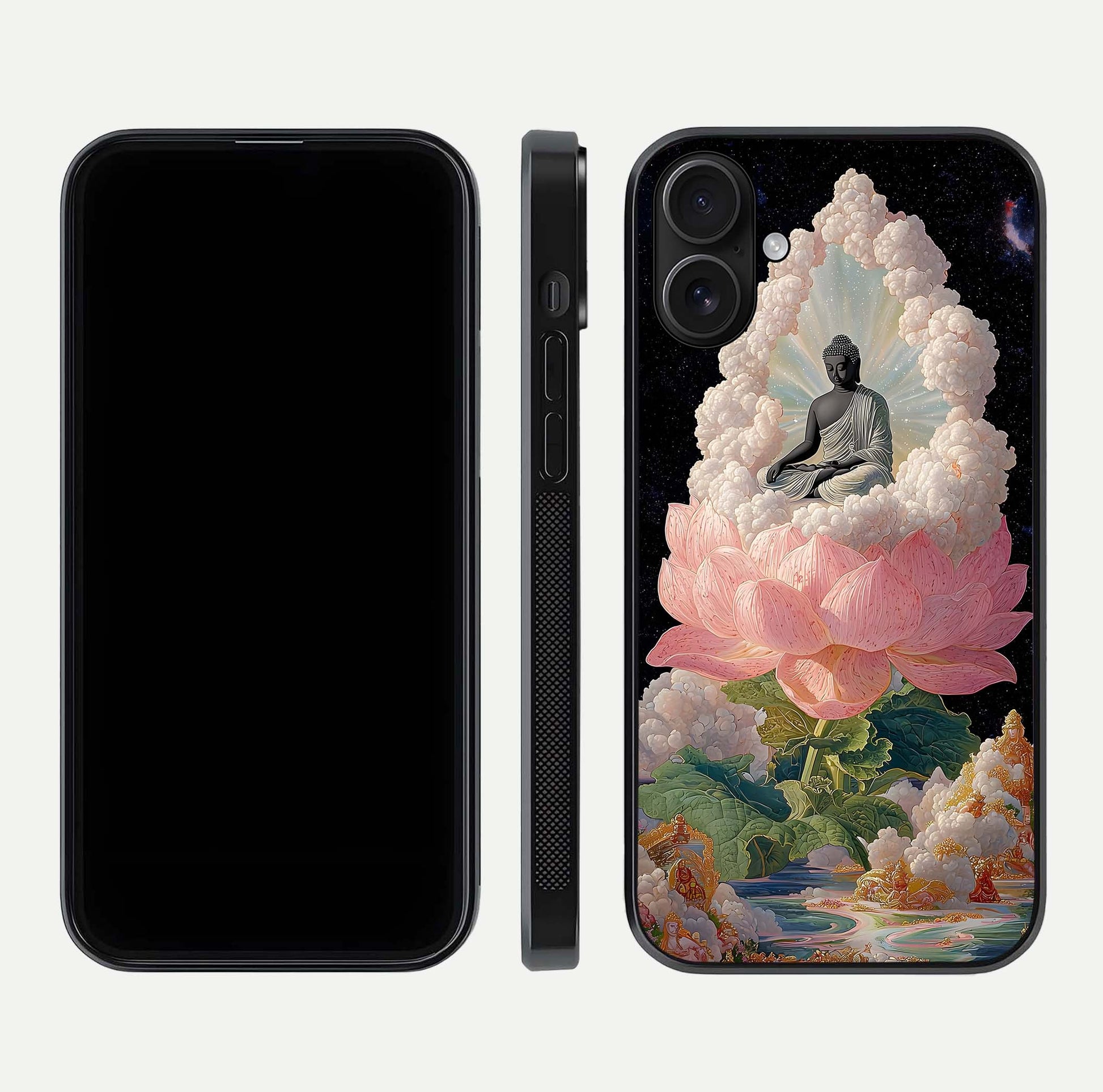 Lotus Divine Peace Glass Case for iPhone 16 front & back layout highlighting soft pink hues and curved edges