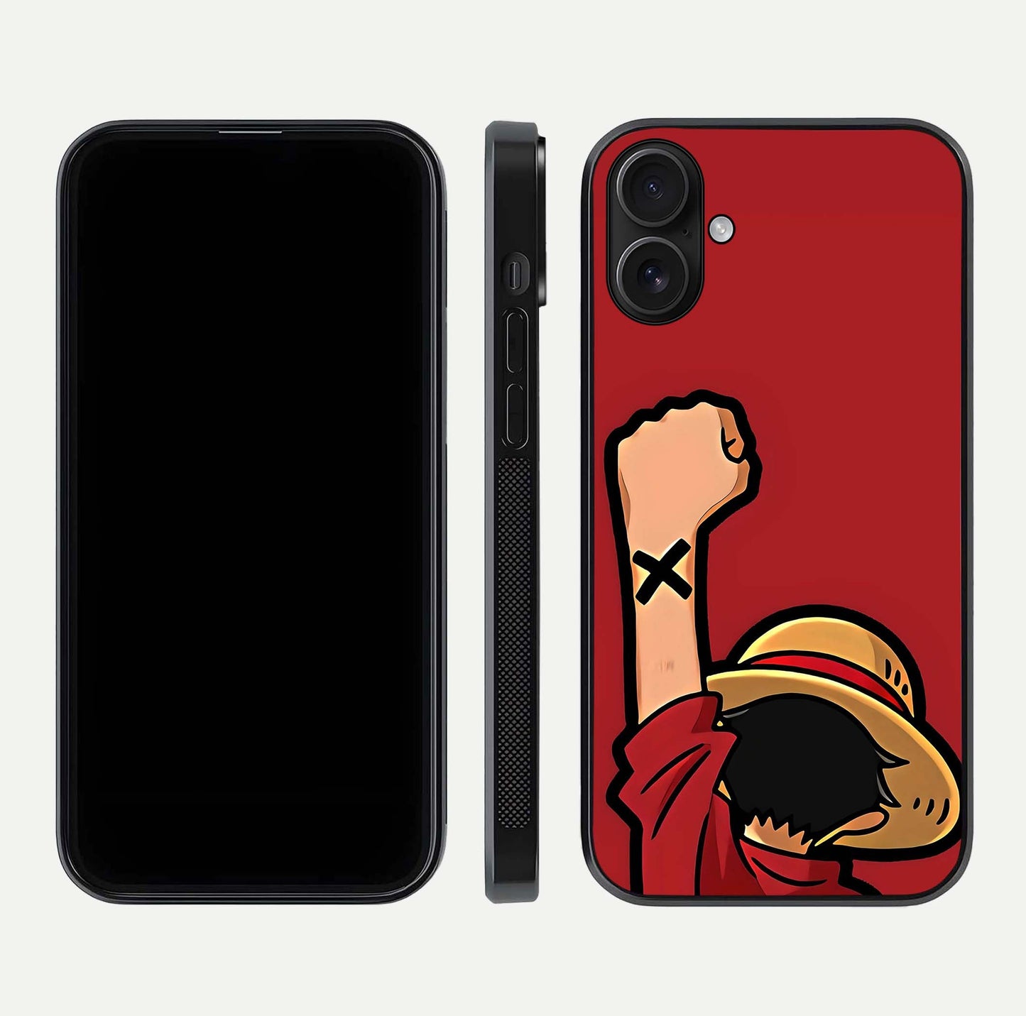 Luffy X Spirit Glass Case for iPhone 16 front & back layout displaying anime theme and curved edges