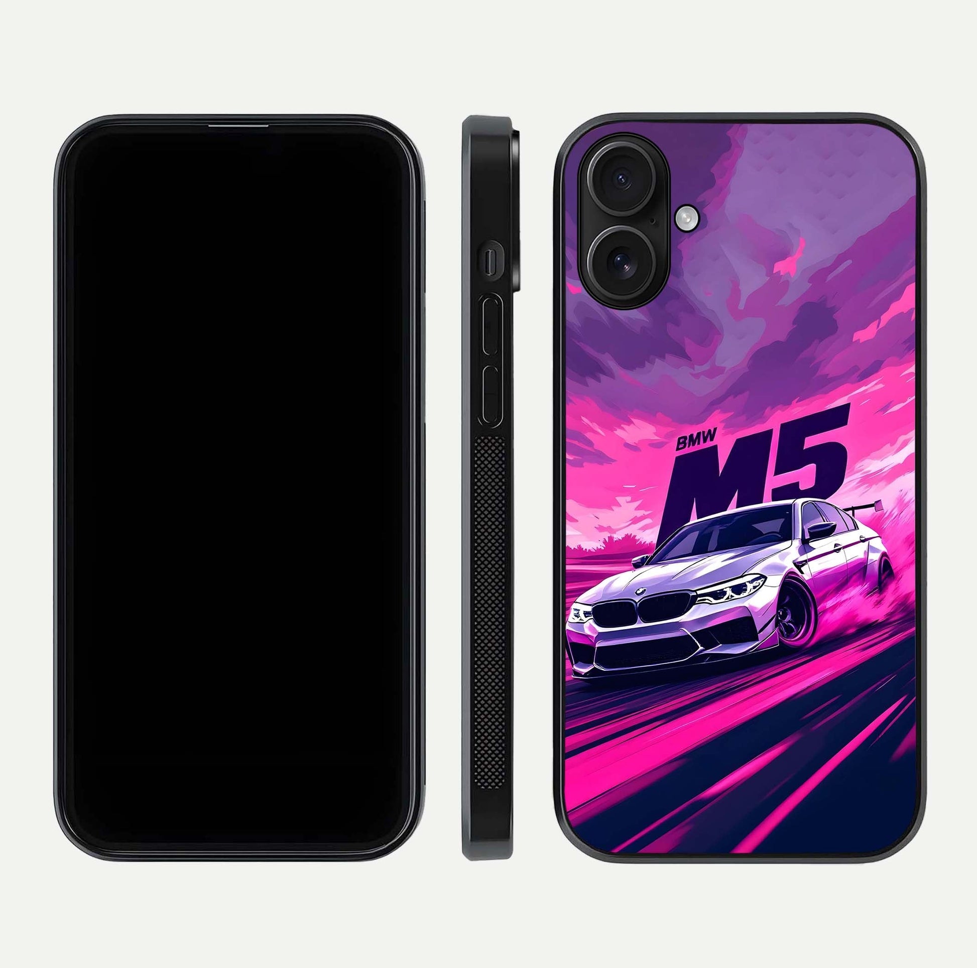 MS Neon Car Glass Case for iPhone 16 front & back layout highlighting automotive art and curved design