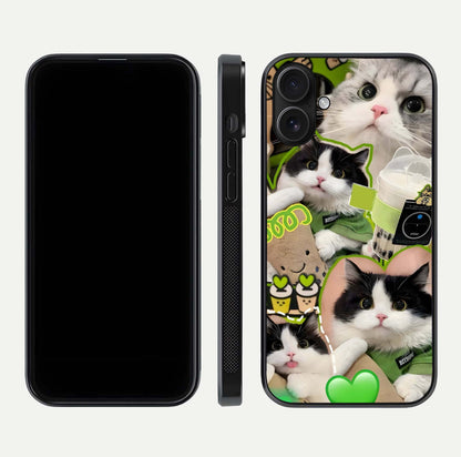 Matcha Cats Mood Glass Case for iPhone 16 front & back layout highlighting cute theme and smooth edges