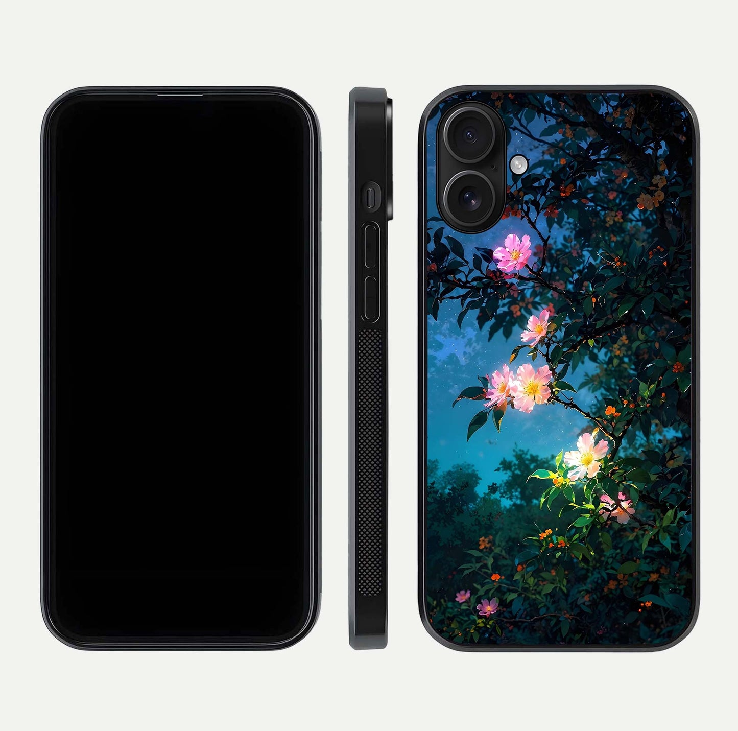 Midnight Bloom Glow Glass Case for iPhone 16 front & back layout highlighting moody tones and smooth finish