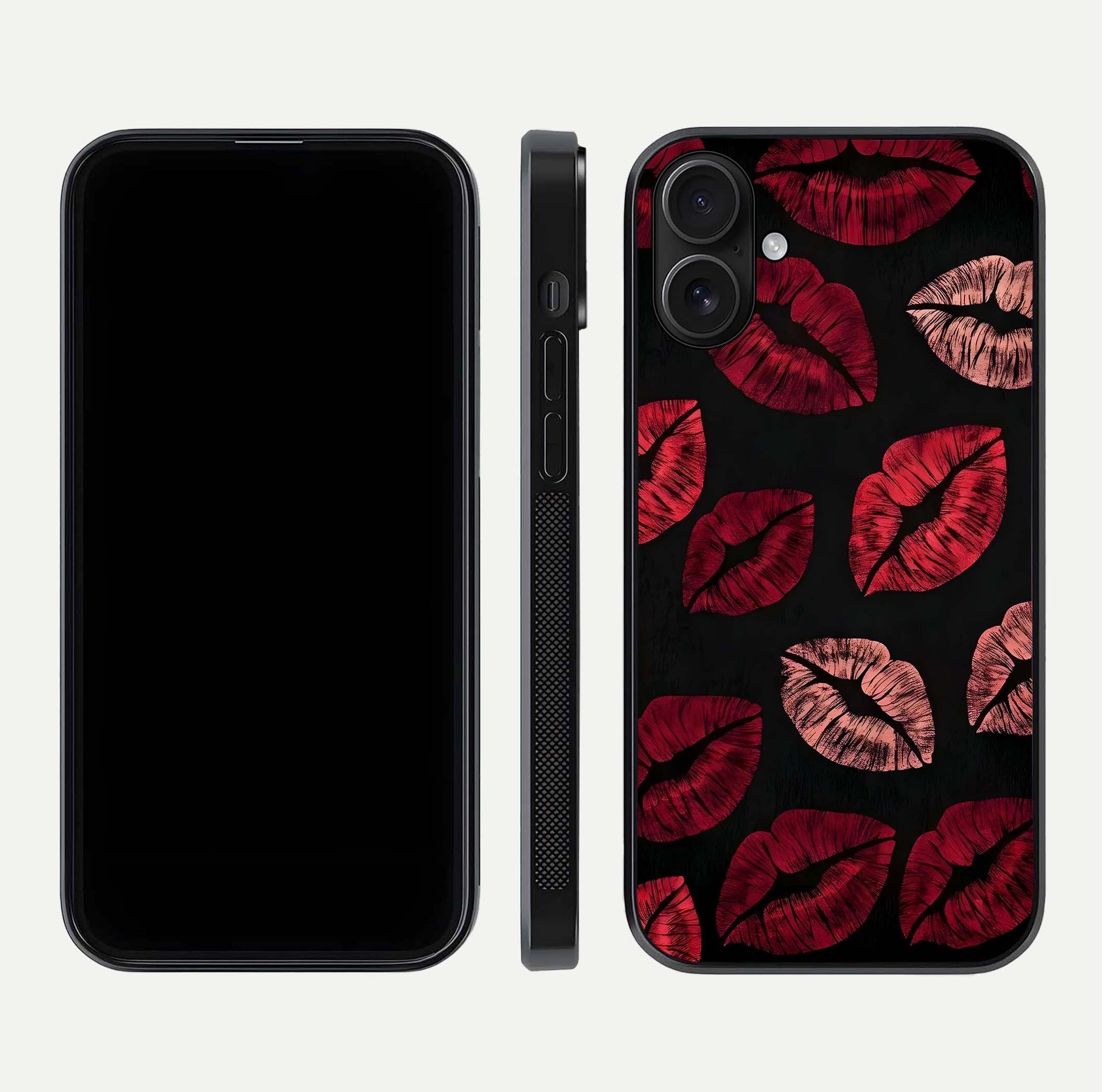Midnight Kiss Love Glass Case for iPhone 16 front & back view layout showing romantic theme and smooth curves