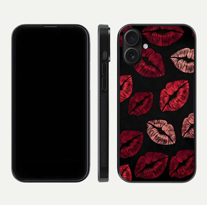 Midnight Kiss Love Glass Case for iPhone 16 front & back view layout showing romantic theme and smooth curves