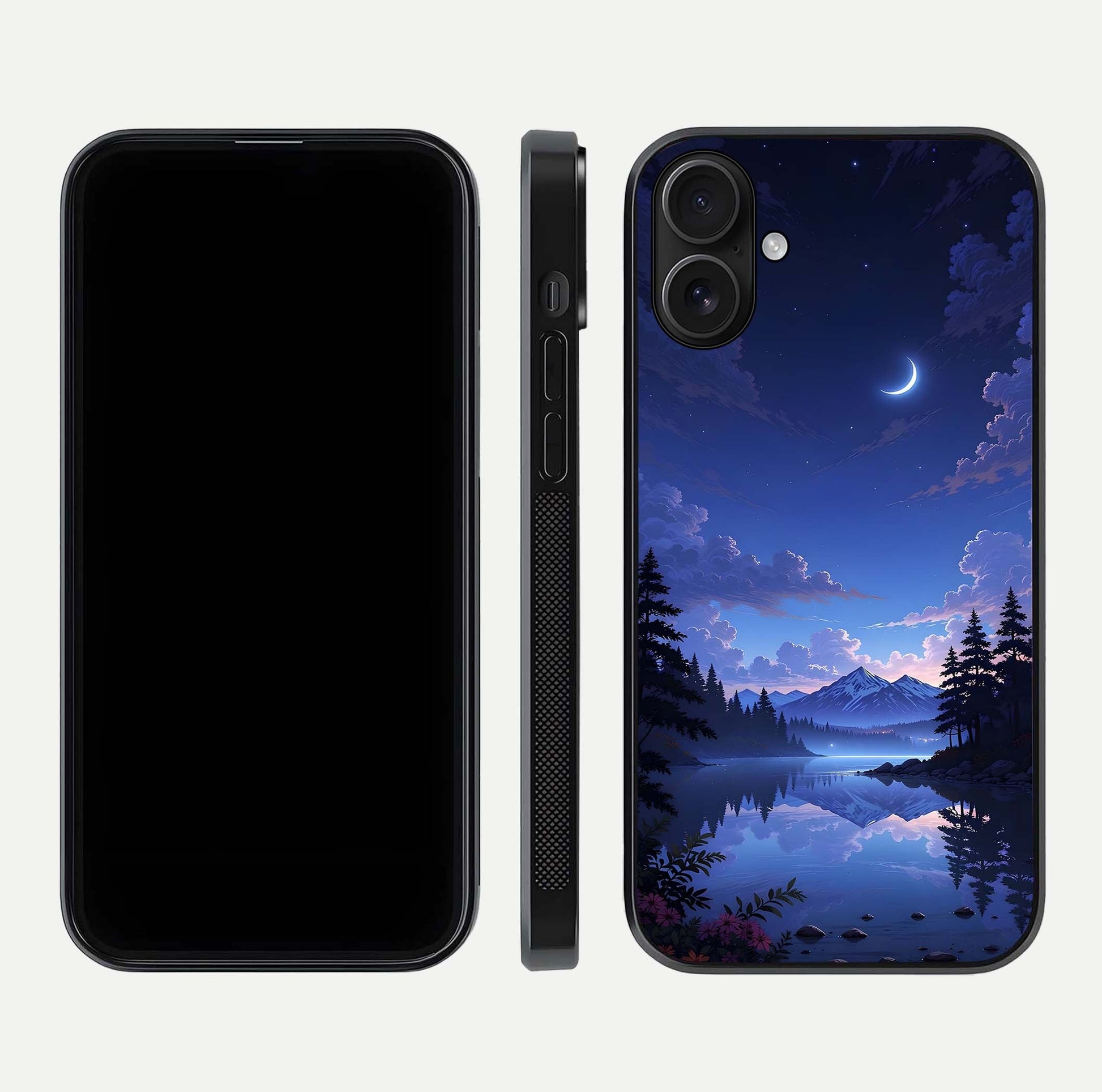 Midnight Lake Peace Glass Case for iPhone 16 front & back layout highlighting calm design and curved edges
