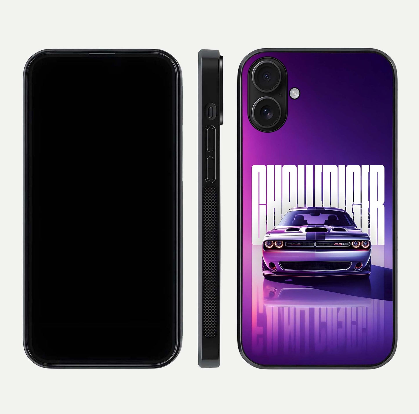 Midnight Muscle Ride Glass Case for iPhone 16 front & back layout with dark automotive tones and edges