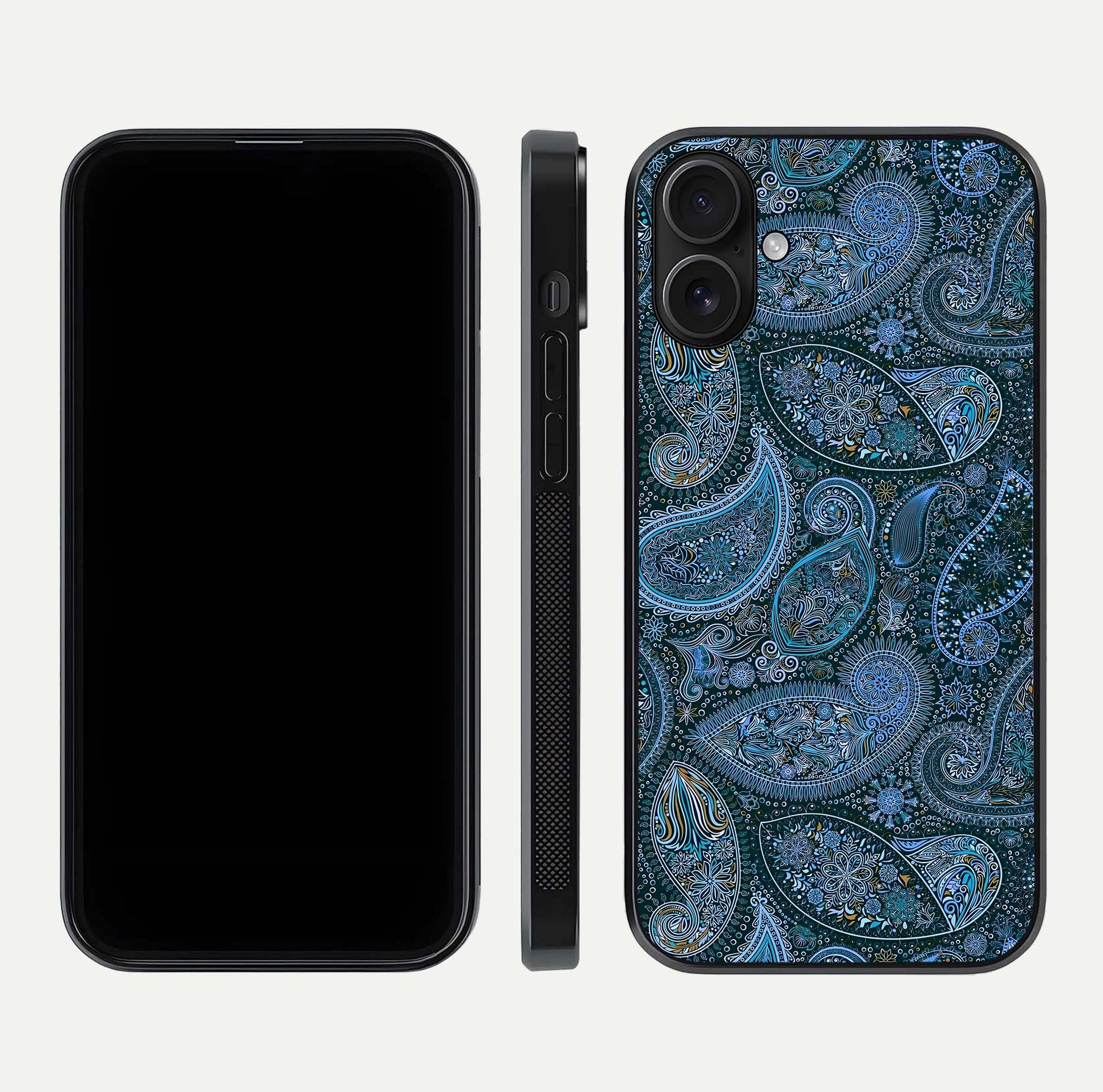Midnight Paisley Glow Glass Case for iPhone 16 front & back layout highlighting elegant edge finish