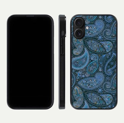 Midnight Paisley Glow Glass Case for iPhone 16 front & back layout highlighting elegant edge finish