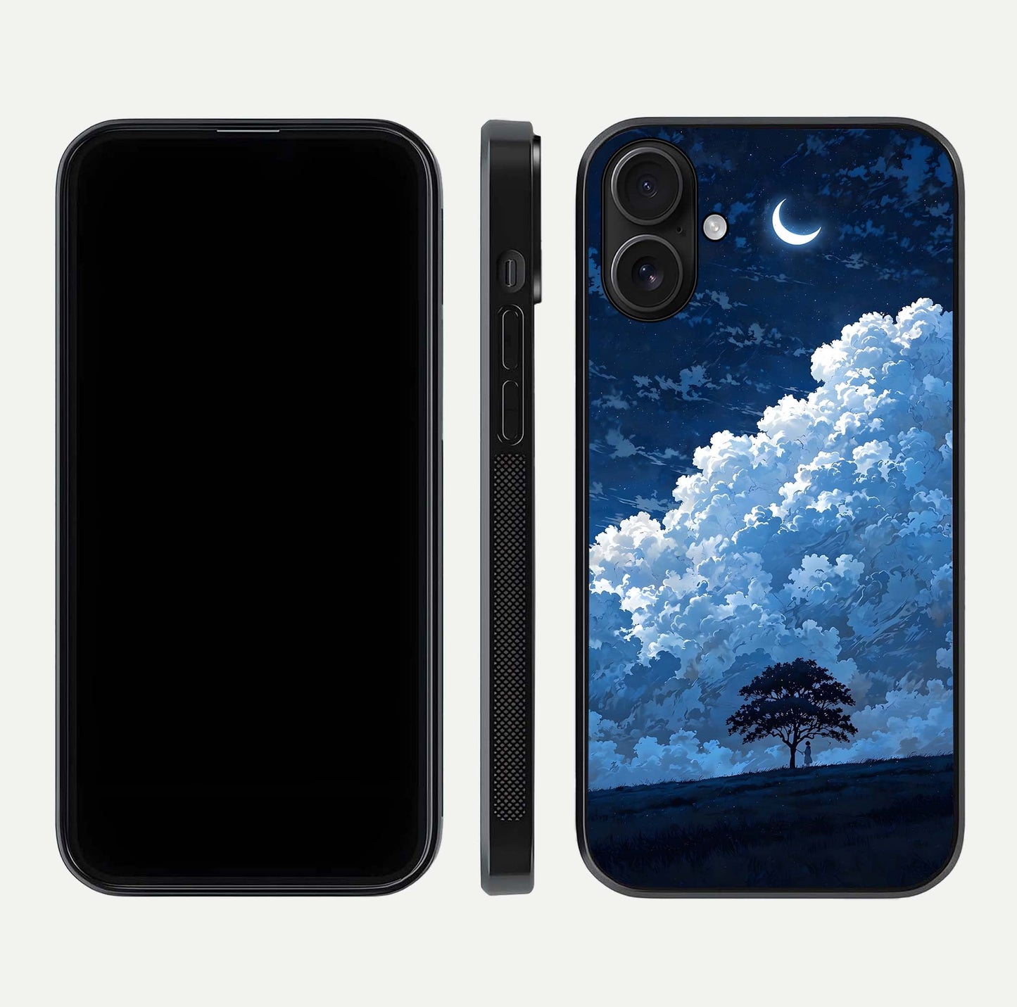 Midnight Sky Serenity Glass Case for iPhone 16 front & back layout highlighting celestial art and curves
