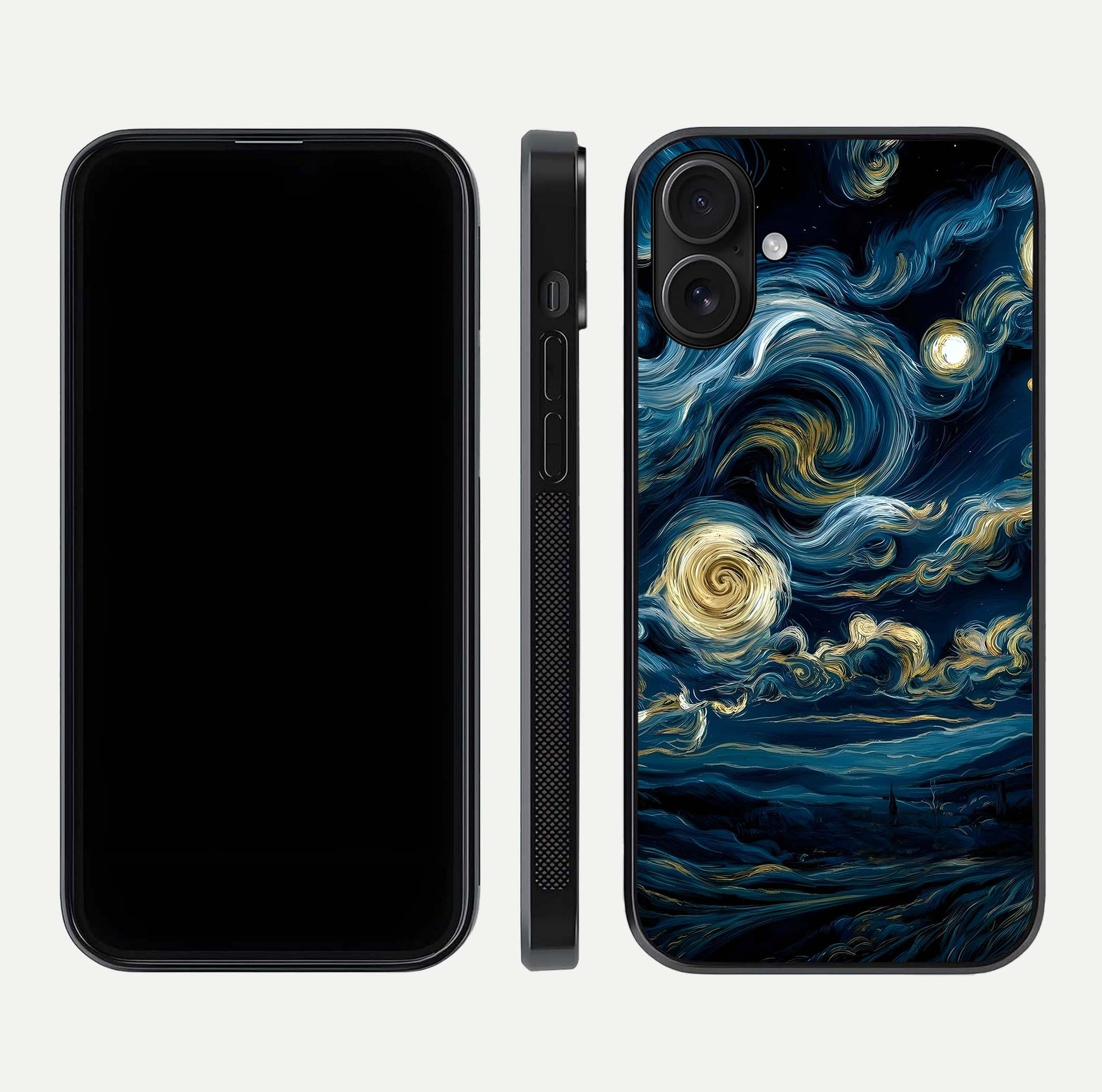 Midnight Sky Whirl Glass Case for iPhone 16 front & back layout highlighting celestial movement art