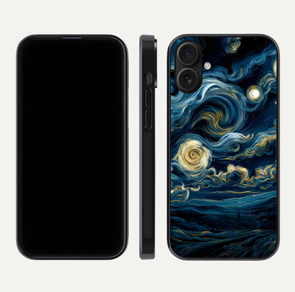 Midnight Sky Whirl Glass Case for iPhone 16 front & back layout highlighting celestial movement art