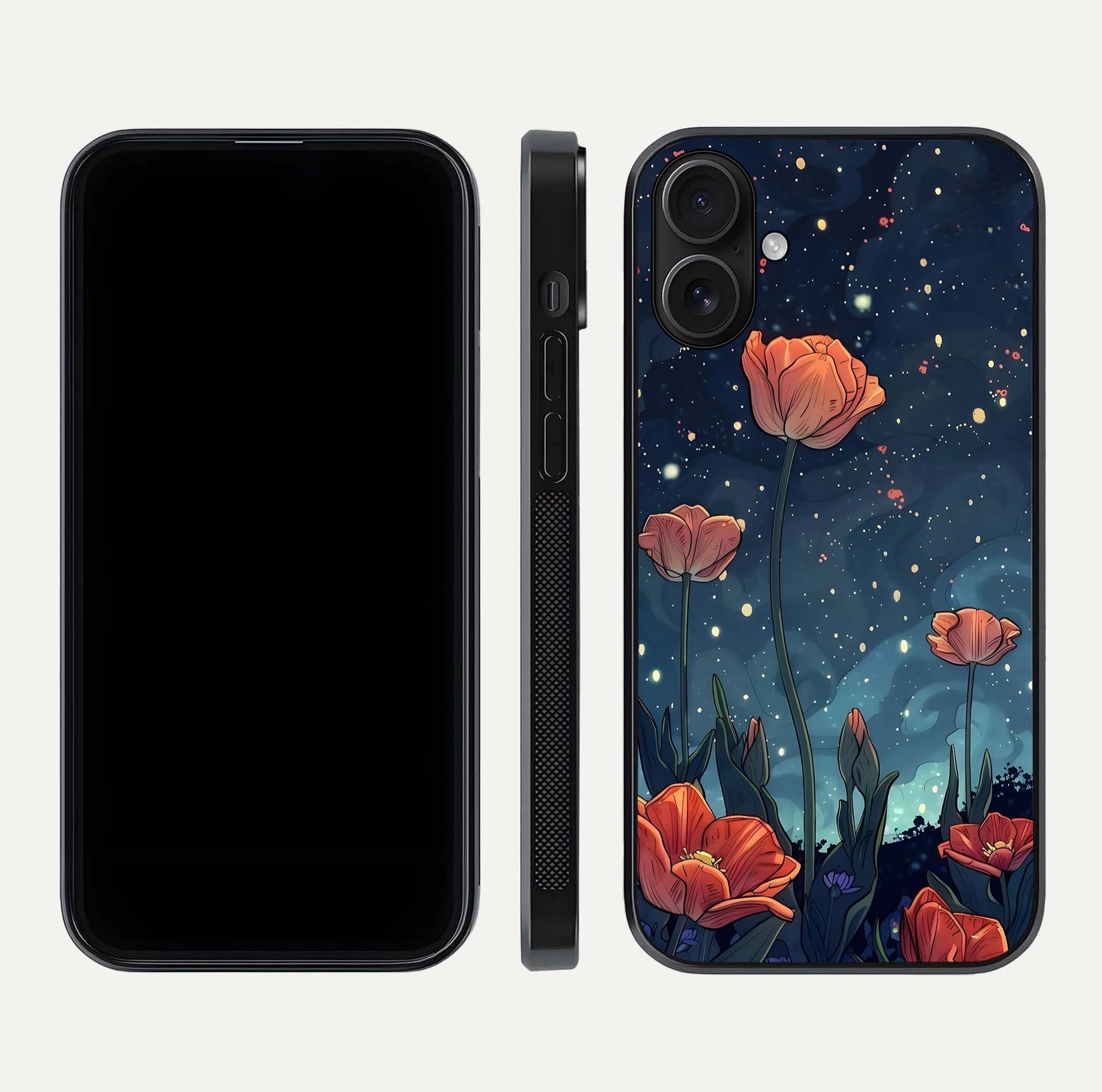 Midnight Tulip Glow Glass Case for iPhone 16 front & back layout highlighting floral glow and curved edges
