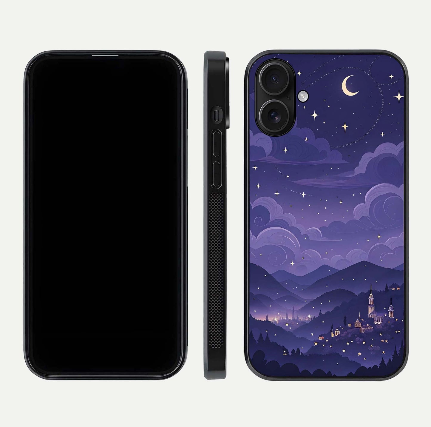 Minimal Night View Glass Case for iPhone 16 front & back layout highlighting minimal night vibe and curves