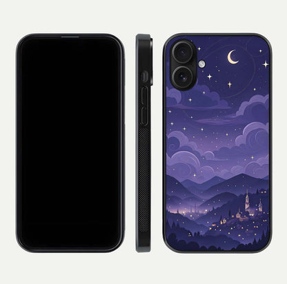 Minimal Night View Glass Case for iPhone 16 front & back layout highlighting minimal night vibe and curves
