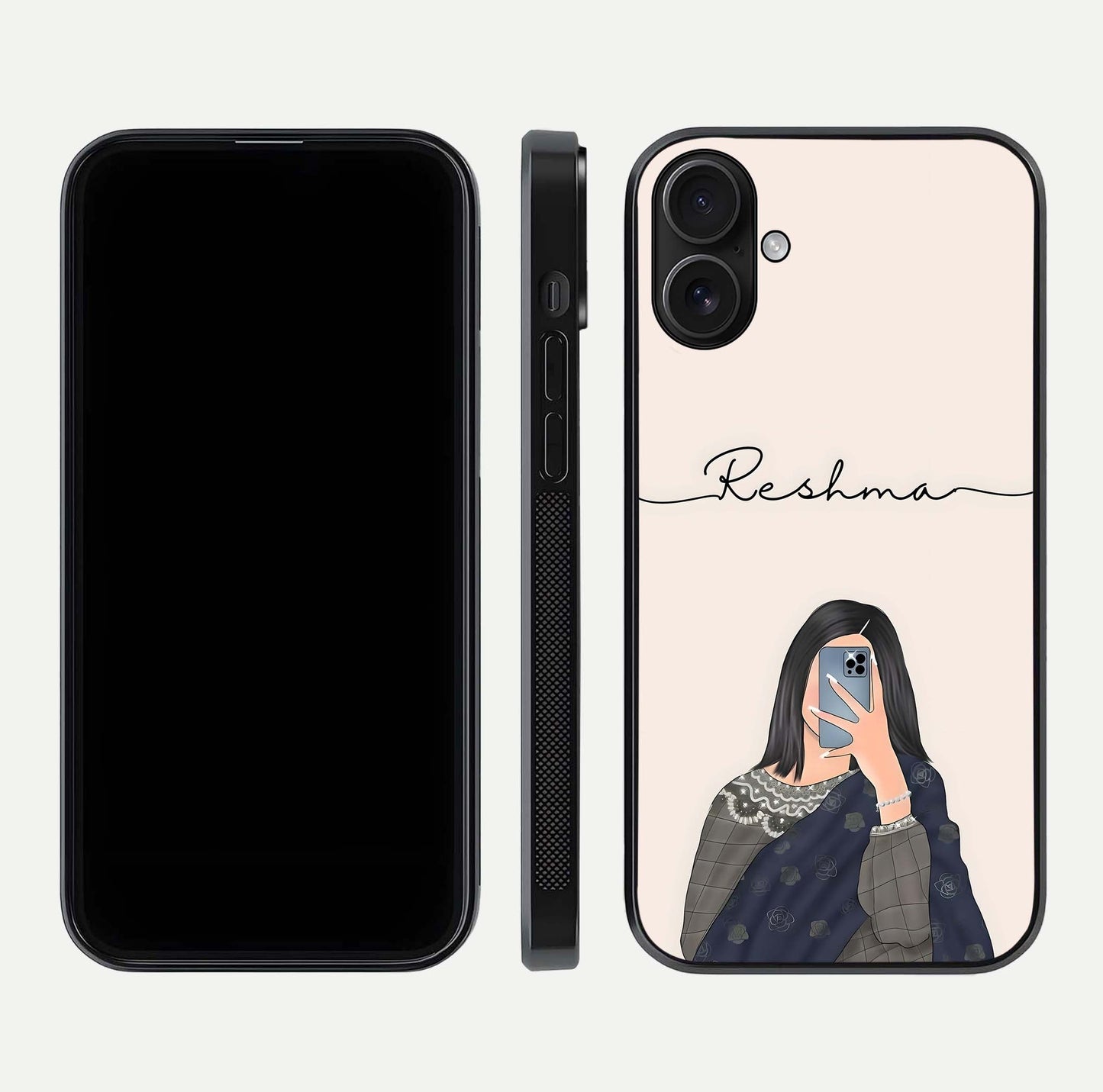 Mirror Mood Muse Custom Name Glass Case for iPhone 16 front & back layout showing personalized name placement