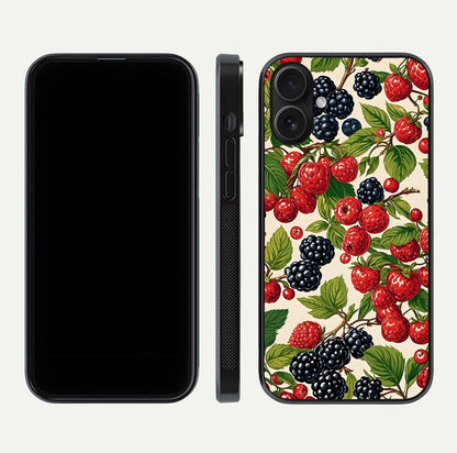 Mixed Berry Collage Glass Case for iPhone 16 front & back layout highlighting colorful art and curved edges
