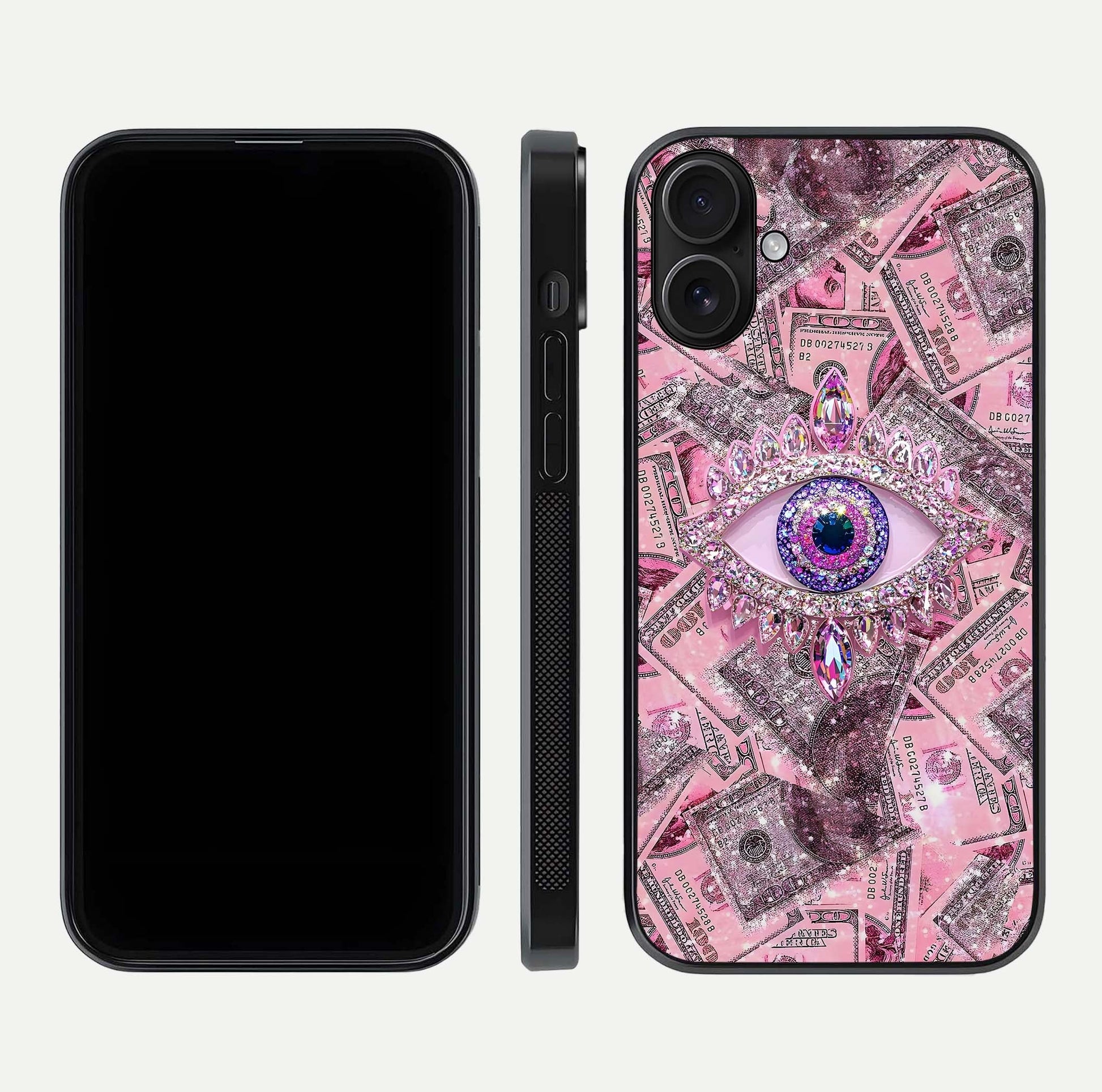 Money Eye Luxe Glass Case for iPhone 16 front & back layout highlighting luxury edge design and bold art
