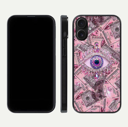 Money Eye Luxe Glass Case for iPhone 16 front & back layout highlighting luxury edge design and bold art