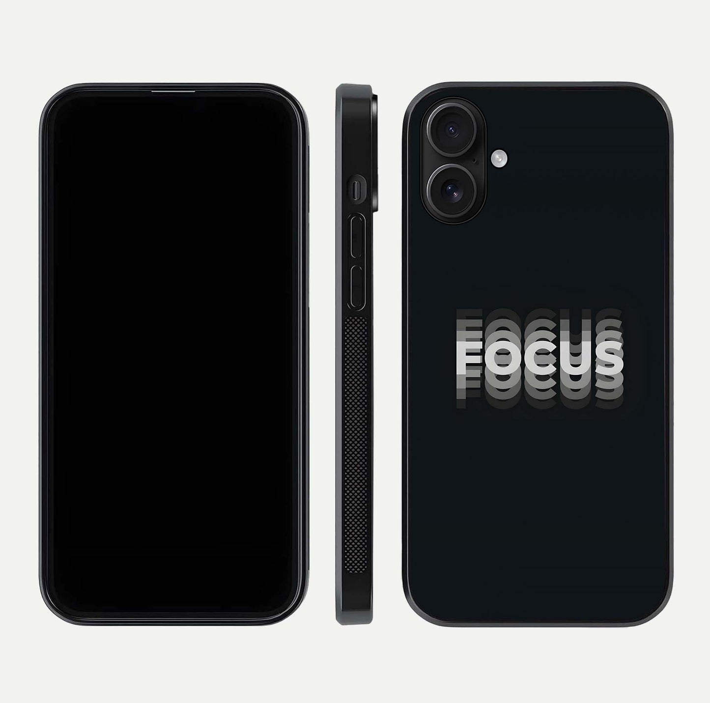 Mono Focus Vision Glass Case for iPhone 16 front & back layout showing clean focus lines and curved edges