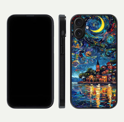 Moonlight Harbor Glow Glass Case for iPhone 16 front & back layout highlighting calm harbor tones