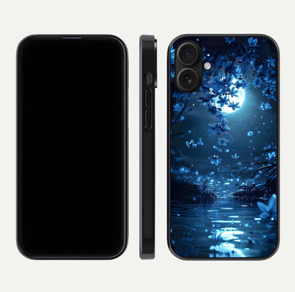 Moonlight Petal Dream Glass Case for iPhone 16 front & back layout highlighting soft pastel tones
