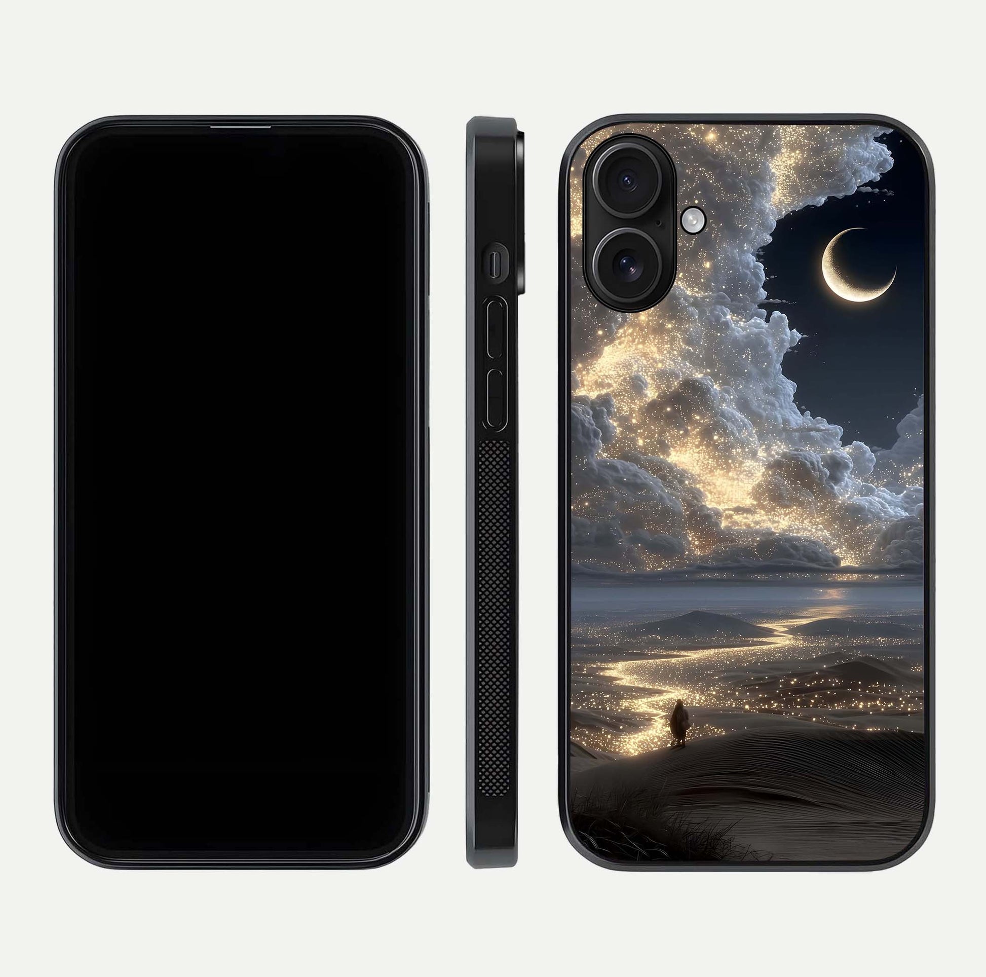 Moonlight Spark Path Glass Case for iPhone 16 front & back layout highlighting calm tones and sleek edges
