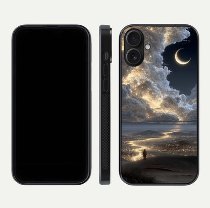 Moonlight Spark Path Glass Case for iPhone 16 front & back layout highlighting calm tones and sleek edges