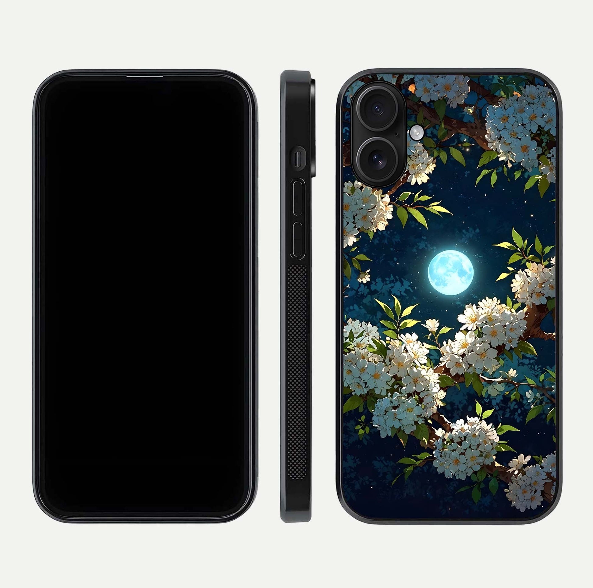 Moonlit Blossom Dream Glass Case for iPhone 16 front & back layout highlighting moonlit tones and edges