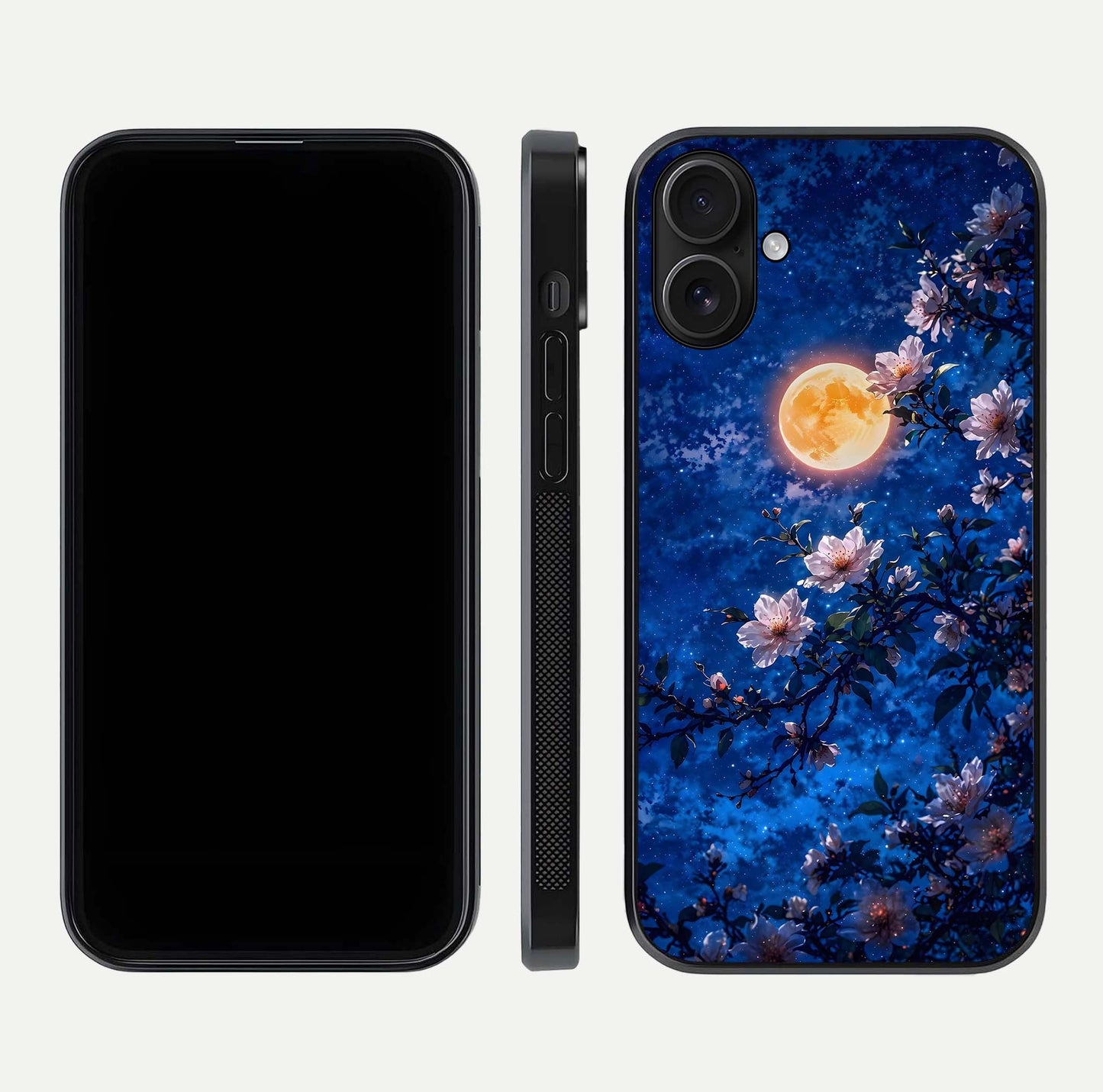 Moonlit Blossoms Night Glass Case for iPhone 16 front & back layout highlighting moonlit tones and curved edges
