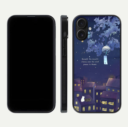Moonlit Cat Silence Glass Case for iPhone 16 front & back layout highlighting calm tones and edge detail