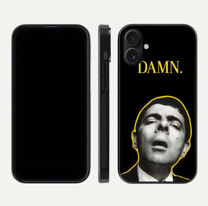 Mr Bean Damn Glass Case for iPhone 16 front & back layout displaying fun artwork and curved smooth edges
