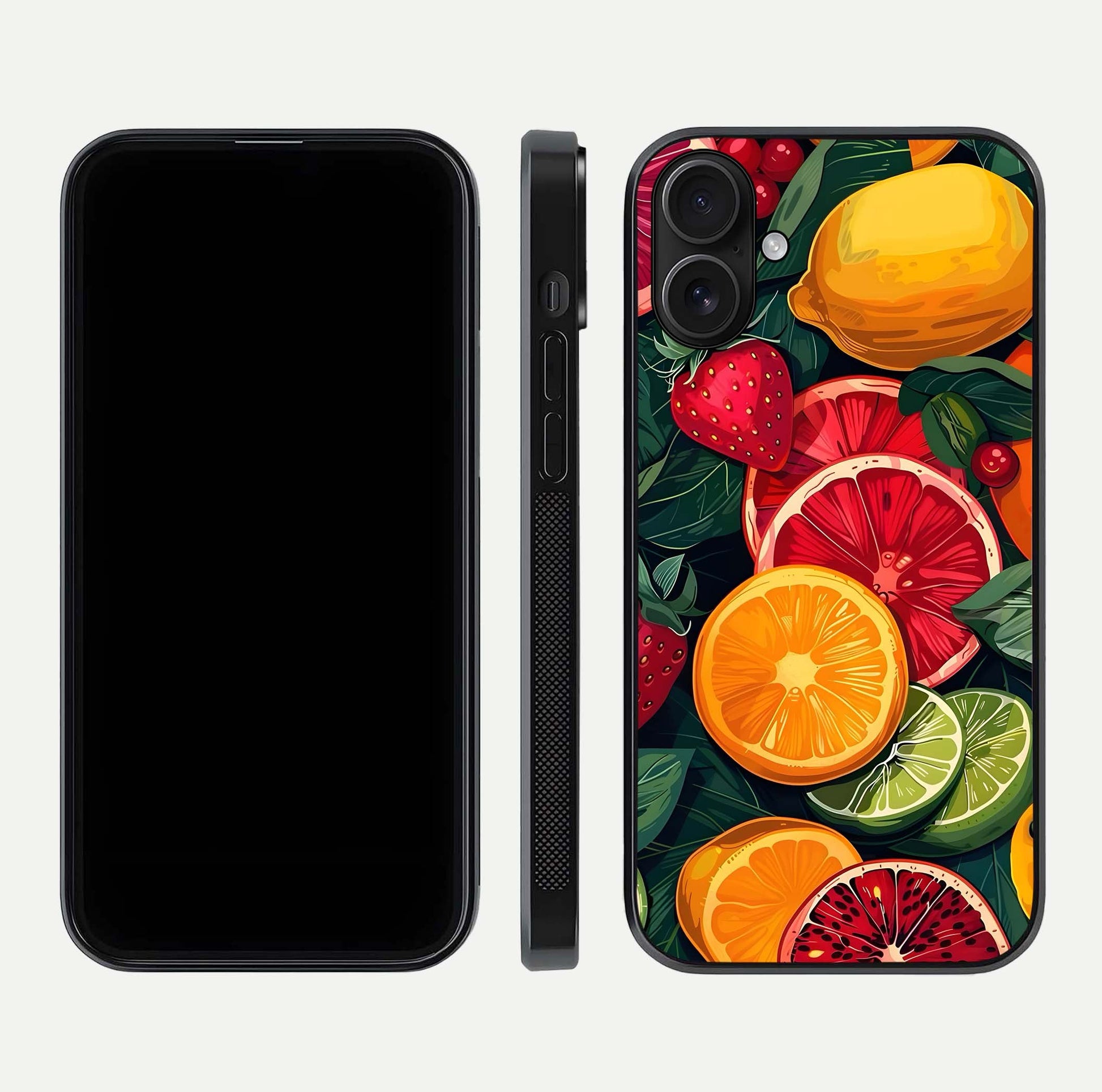 Multiple Fruits Glass Case for iPhone 16 front & back layout highlighting vibrant tones and curved edges