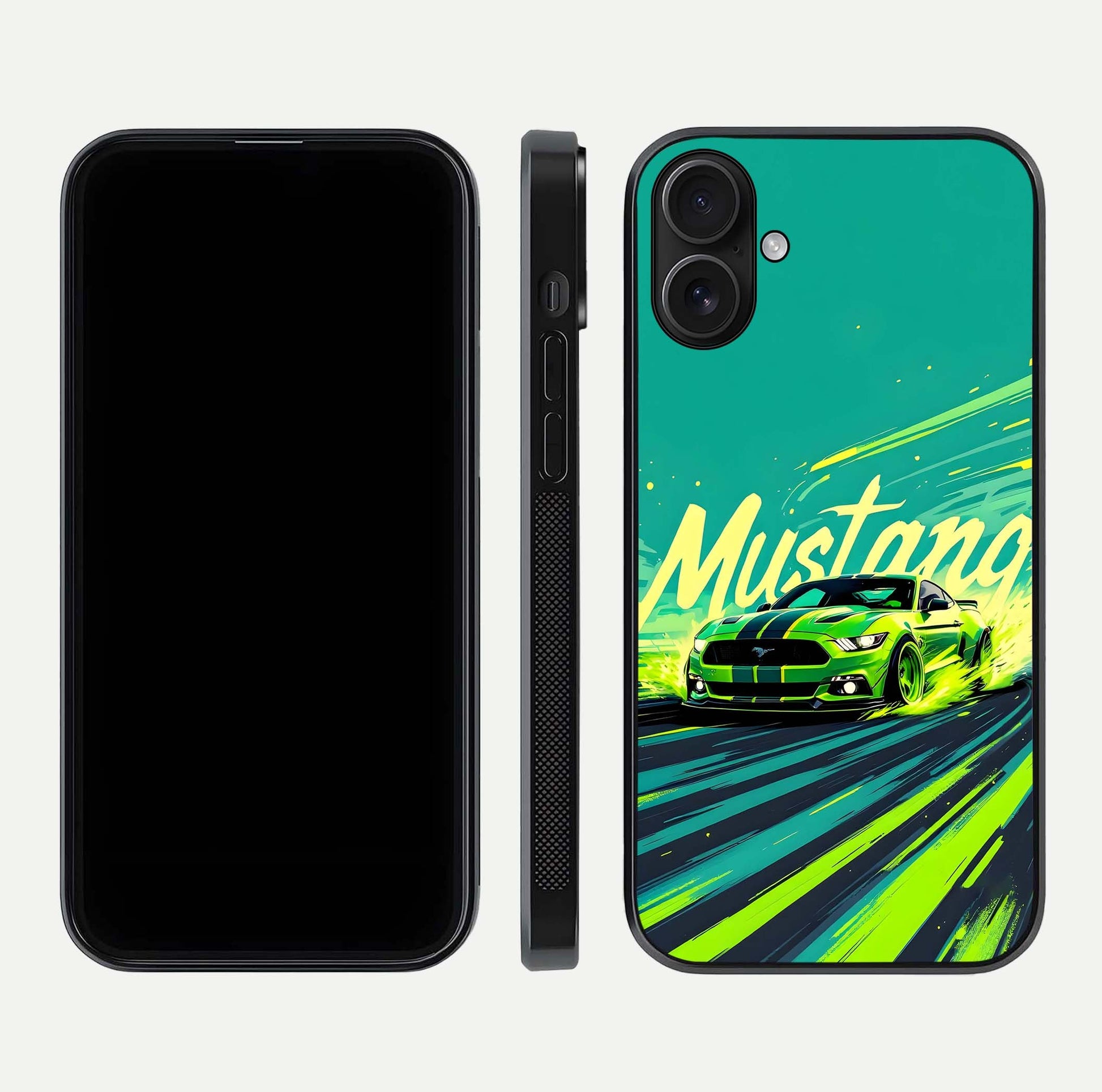 Mustang Bang Glass Case for iPhone 16 front & back layout highlighting dark automotive tones and edge detail