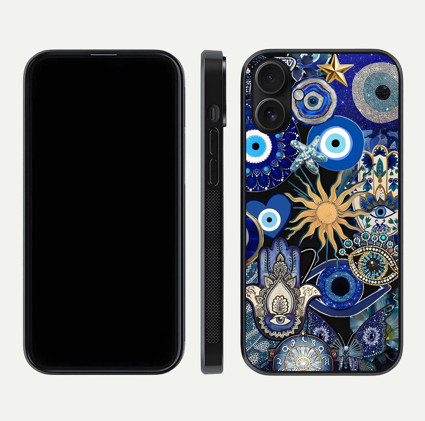 Mystic Blue Evil Eye Glass Case for iPhone 16 front & back layout showing elegant tones and edge finish