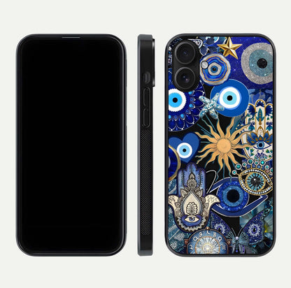 Mystic Blue Evil Eye Glass Case for iPhone 16 front & back layout showing elegant tones and edge finish