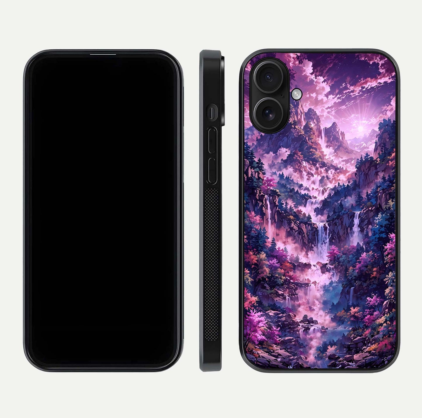 Mystic Cascade Peaks Glass Case for iPhone 16 front & back layout highlighting HD landscape tones