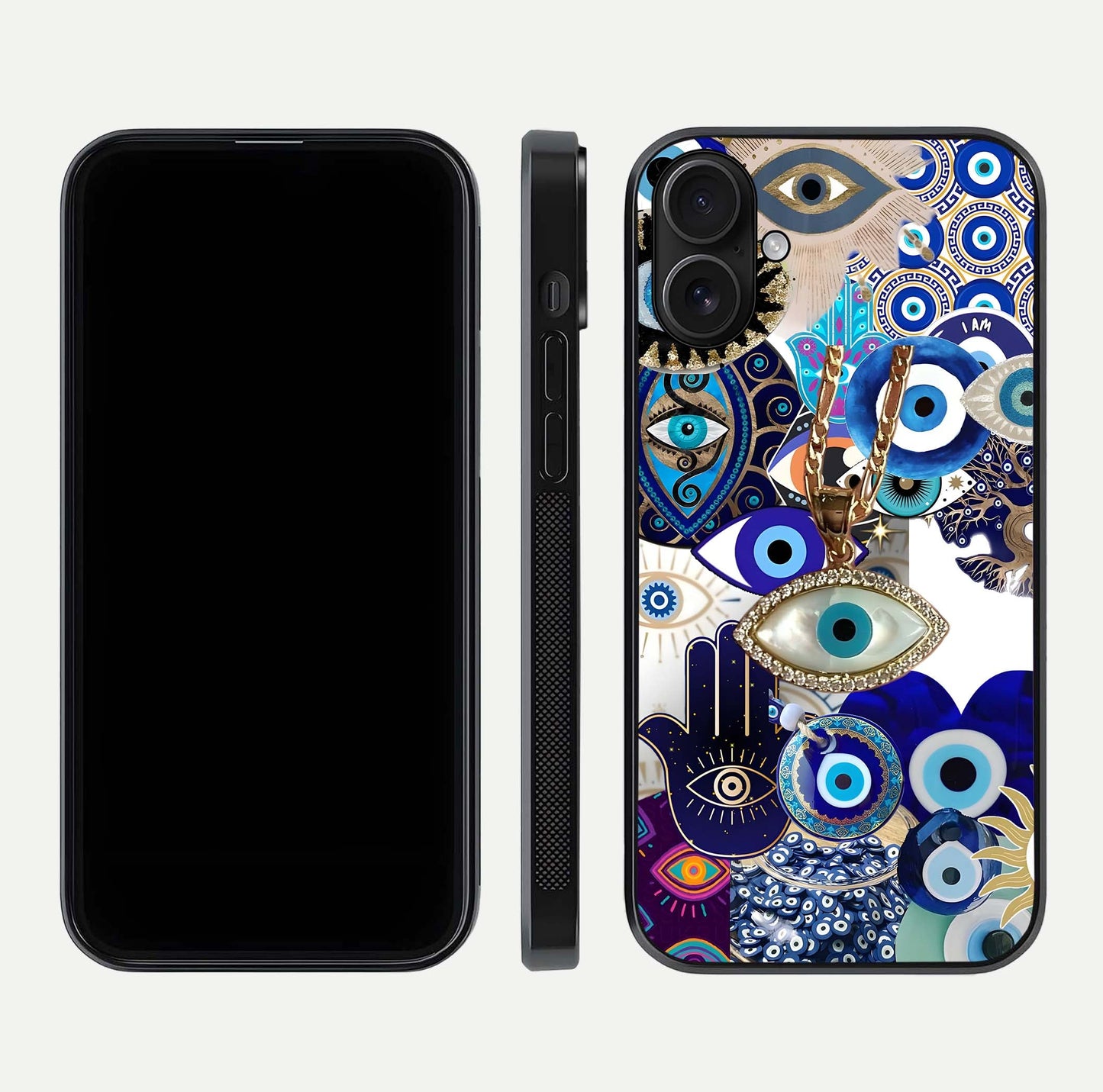 Mystic Charm Eye Glass Case for iPhone 16 front & back layout highlighting spiritual design and edges