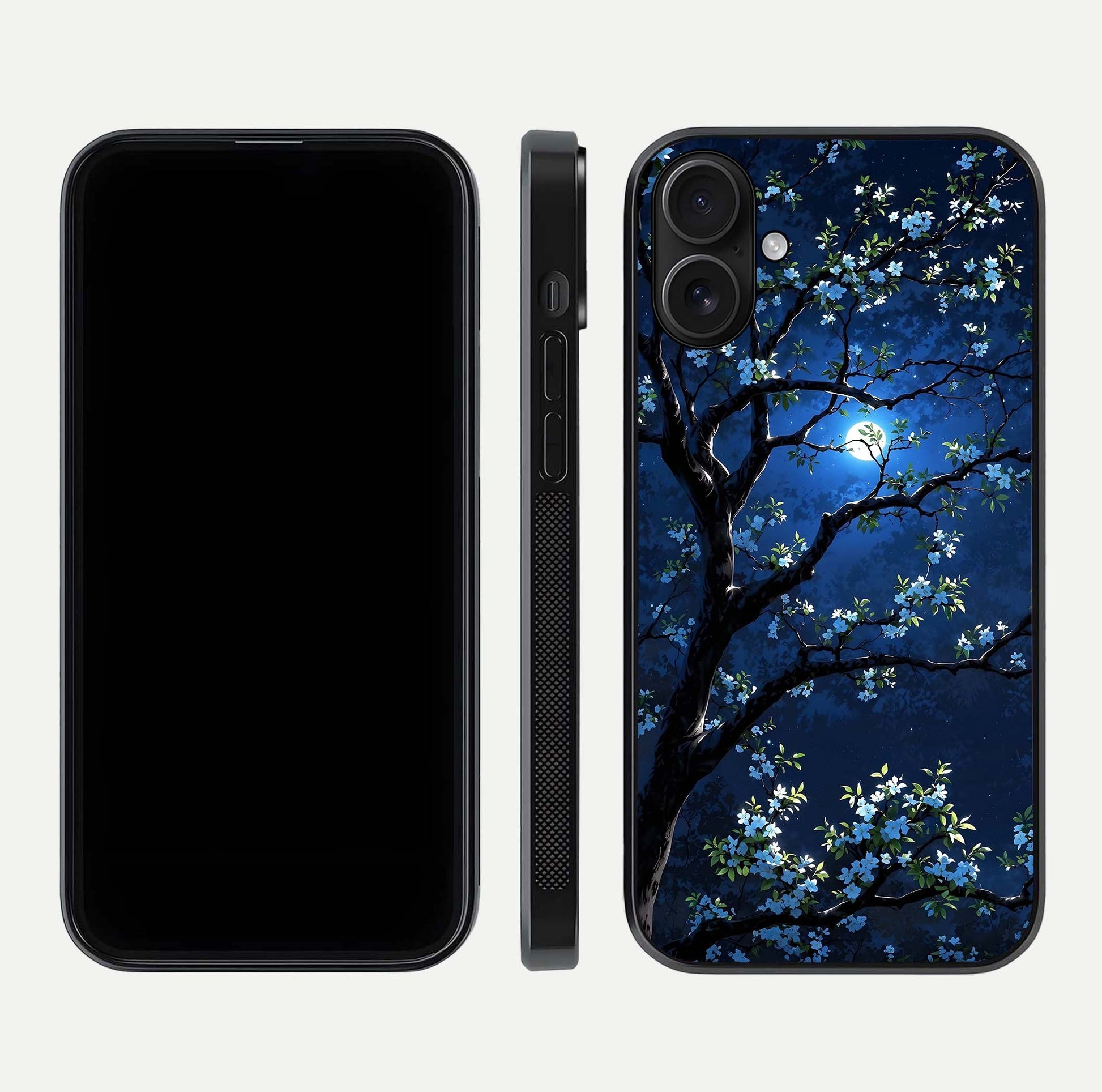 Mystic Floral Night Glass Case for iPhone 16 front & back layout showing elegant floral art and smooth edges
