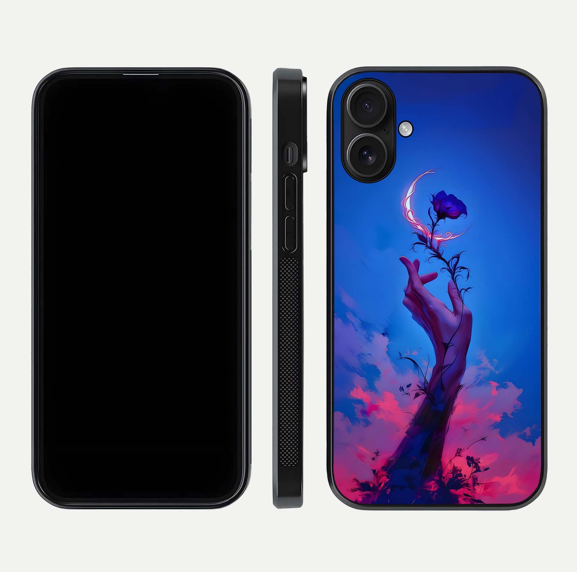 Mystic Hand Glass Case for iPhone 16 front & back layout highlighting mystic design and smooth edges