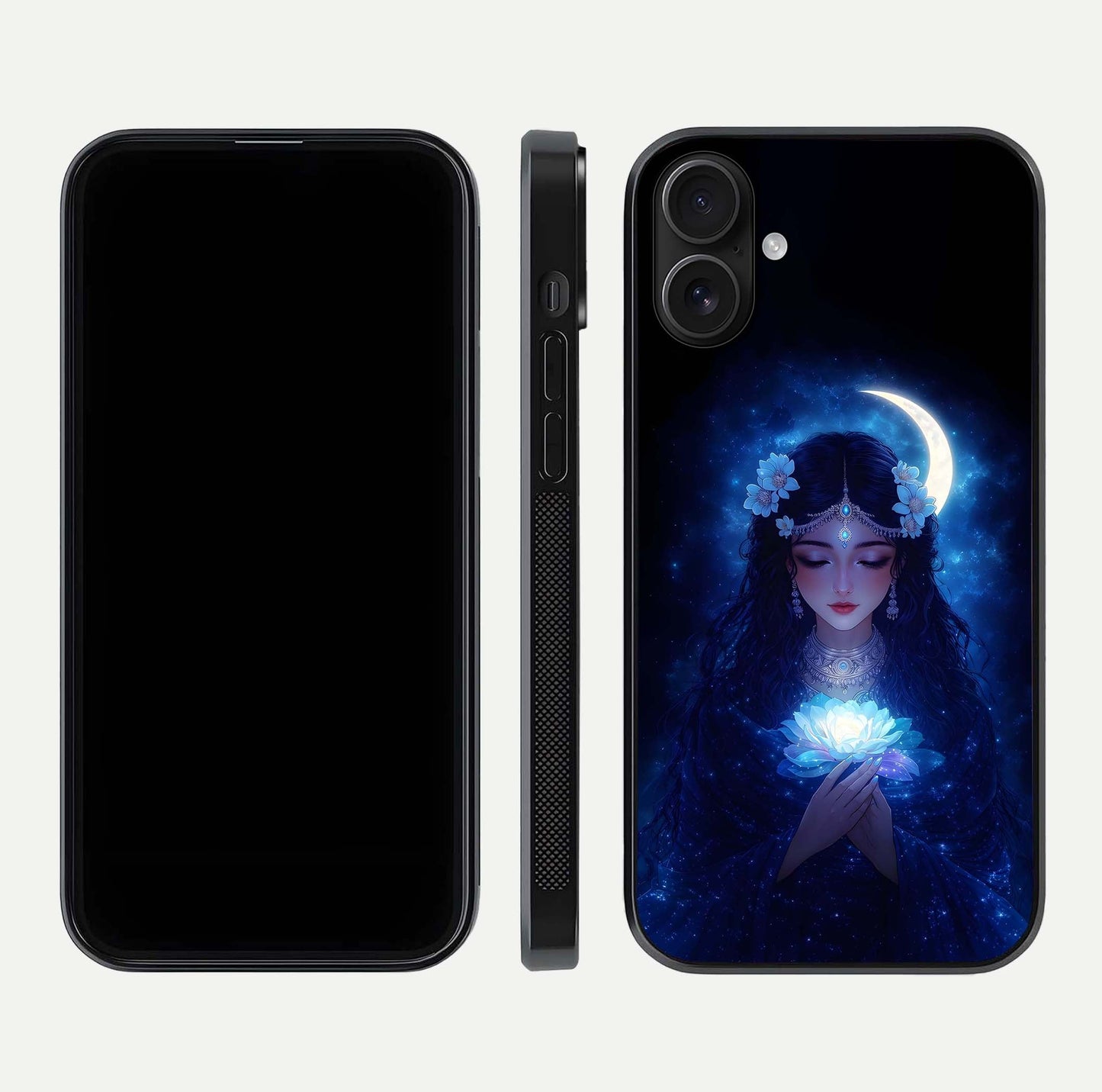 Mystic Moon Queen Glass Case for iPhone 16 front & back layout highlighting divine illustration and edges