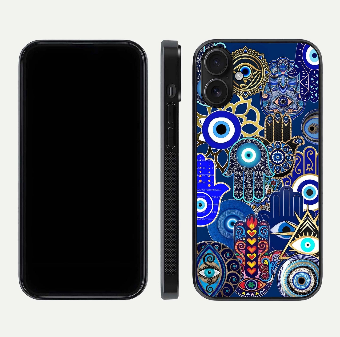 Mystic Palm Guard Glass Case for iPhone 16 front & back layout highlighting spiritual art and edge finish