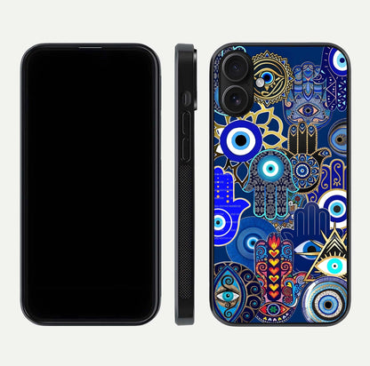 Mystic Palm Guard Glass Case for iPhone 16 front & back layout highlighting spiritual art and edge finish